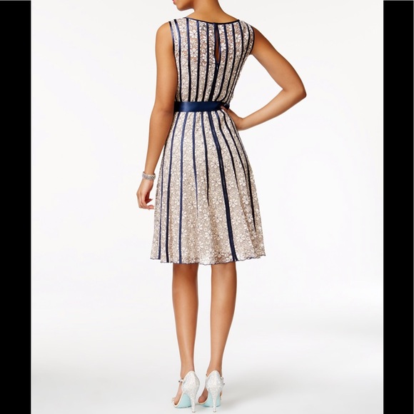 SL Fashions Belted A-Line Dress Champagne/Navy NWT - Picture 2 of 4